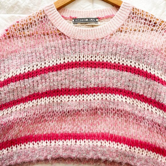 Kimchi Blue Pink Striped Open Knit Cropped Sweater XS Oversized Sheer Pullover - Picture 8 of 8